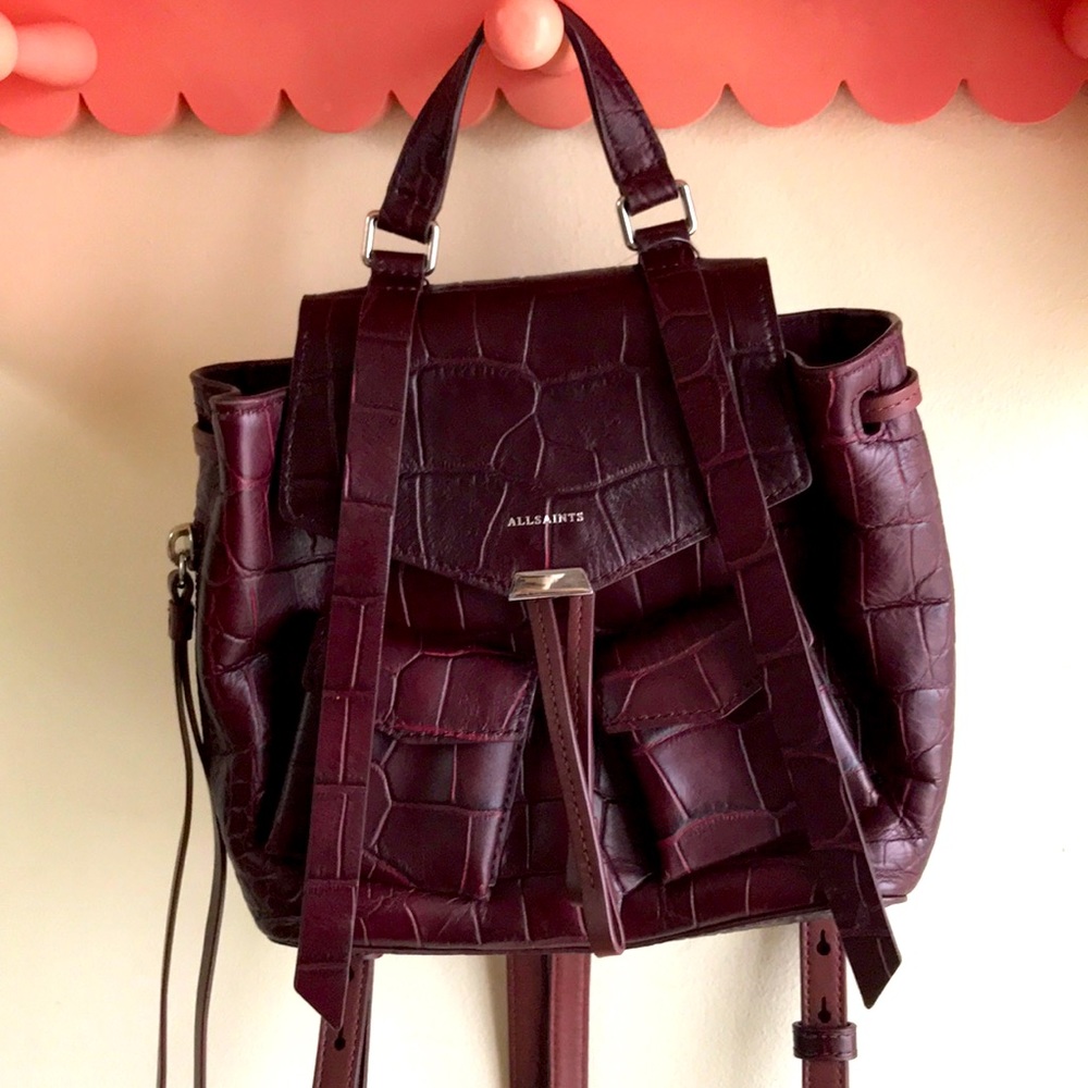EUC All Saints mini backpack mini Polly Bordeaux Red Croc-embossed leather